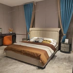 Curved-Top Leather Bed with Channel Tufting and High-Gloss Wooden Side Panels